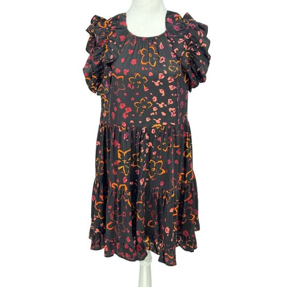 Entro Women's Ruffle Sleeve Floral Dress Black M Tiered Boho Mini Lined - Picture 1 of 13